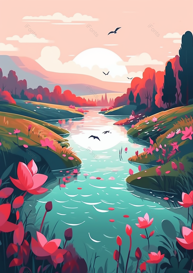 户外森林树木小溪流水手绘插画艺术,插画/手绘图,插画/手绘图库,插画/手绘图下载,插画/手绘